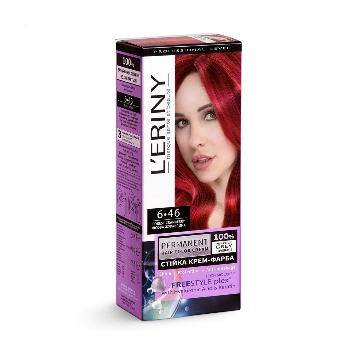 Стійка крем-фарба для волосся L'ERINY Permanent Hair Color Cream 6.46 Лісова журавлина, 115 мл