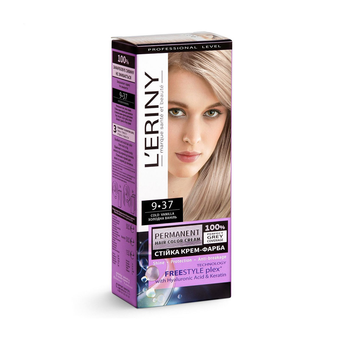 Стійка крем-фарба для волосся L'ERINY Permanent Hair Color Cream 9.37 Холодна ваніль, 115 мл